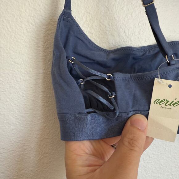 NWT AERIE Square Neck Strappy Lace Up Unlined Adjustable Bra in Slate Blue - Picture 3 of 7